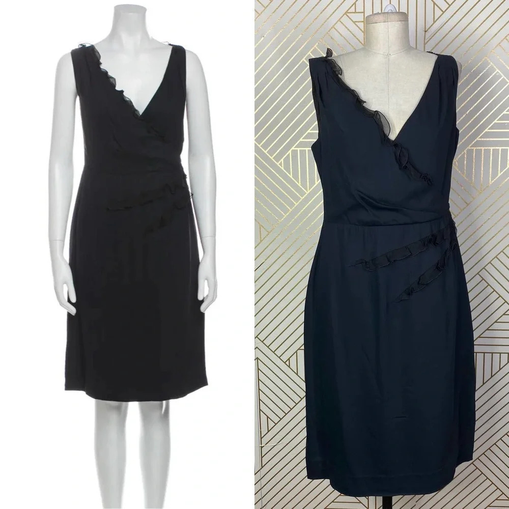 Valentino Sleeveless Ruffle V-Neck‎ Sheath Cocktail Dress in Black Size US 12